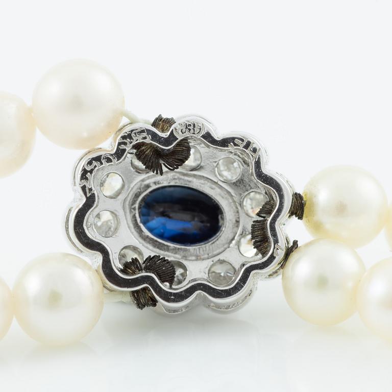 Necklace, 18K white gold with cultured pearls, sapphires, and brilliant-cut diamonds.