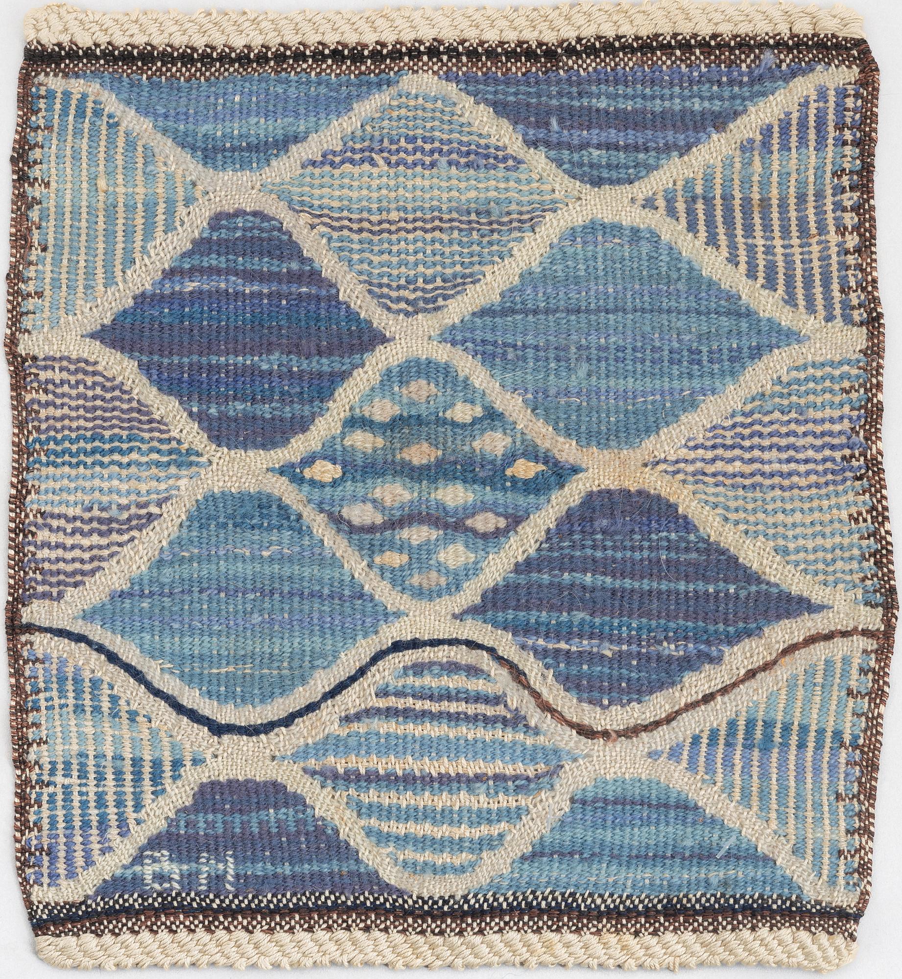 Barbro Nilsson, textile, "Blåspättan", tapestry variant, approx. 31 x 28 cm, signed BN (Barbro Nilsson, AB MMF).