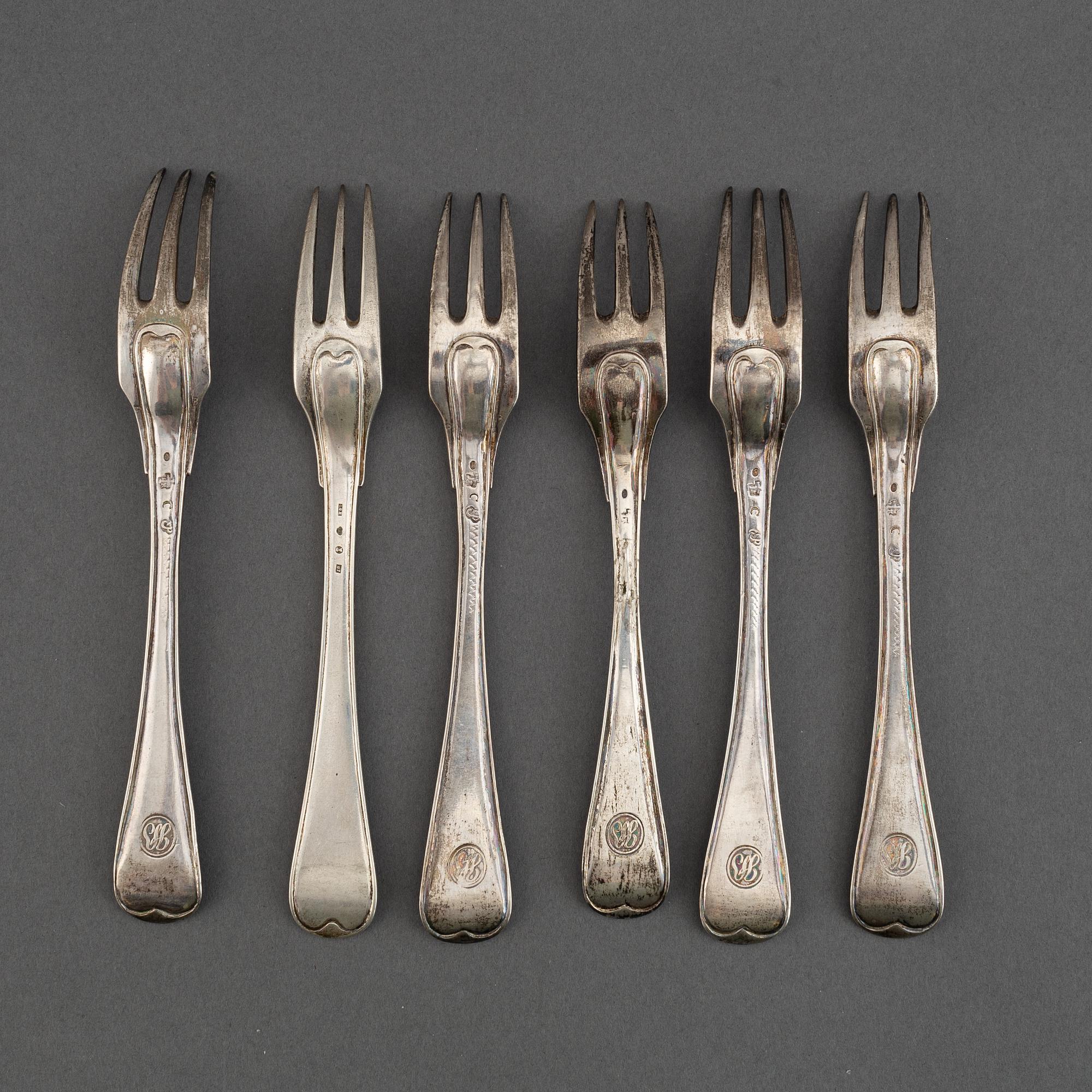 5+1 swedish silver dessert forks, including mark of Petter Julin, Köping 1761.