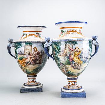 A pir of mid 20th century ceramic classical urns from Firenze Italy.