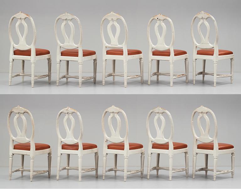 Ten matched Gustavian late 18th century chairs.