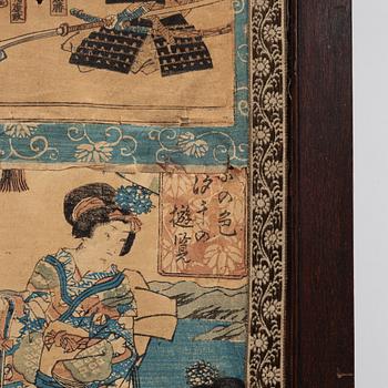 Two Chinese hardwood screens with Japanese woodblock prints, around 1900.