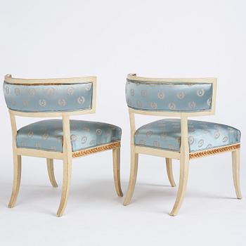 A pair of late Gustavian circa 1800 klismos armchairs.