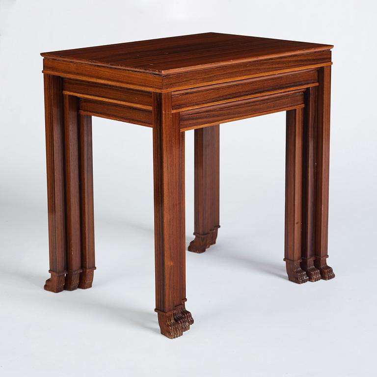 Axel Einar Hjorth, a set of three occasional palisander tables, "Caesar", ordered as a special commission, Nordiska Kompaniet, Sweden 1937.