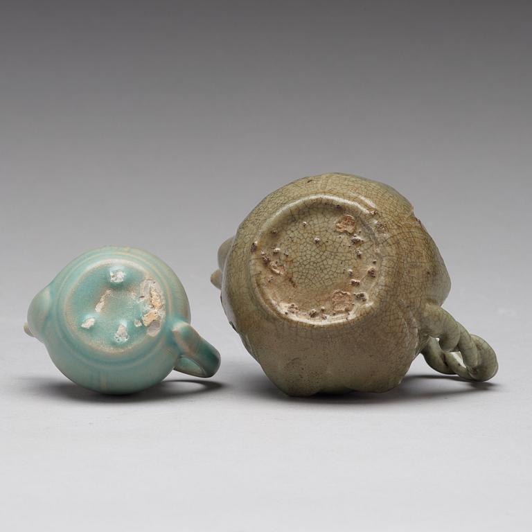 Two Korean celadon glazed pots, Koryo, 13th century.