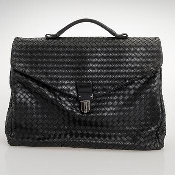 BOTTEGA VENETA Black Intrecciato Leather Briefcase.