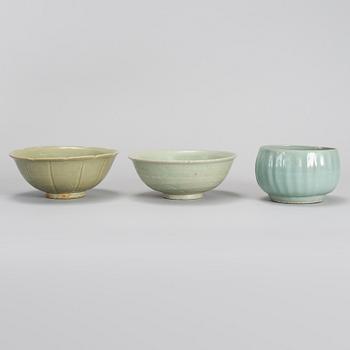 A group of three celadon bowl, South East Asia, 17th Century and later.