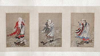 1467. A scroll with 18 paintings representing the 18 Lohans, Qing dynasty, anonymous artist.