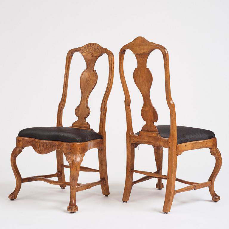A set of four matched Swedish Rococo chairs, second part of the 18th century.