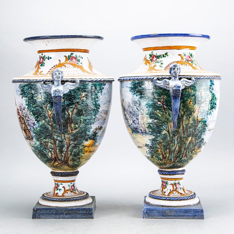 A pir of mid 20th century ceramic classical urns from Firenze Italy.