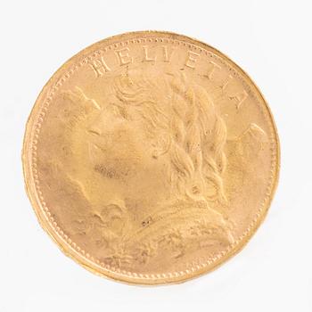 A Swiss gold coin, 20 Franc, 1935 LB.