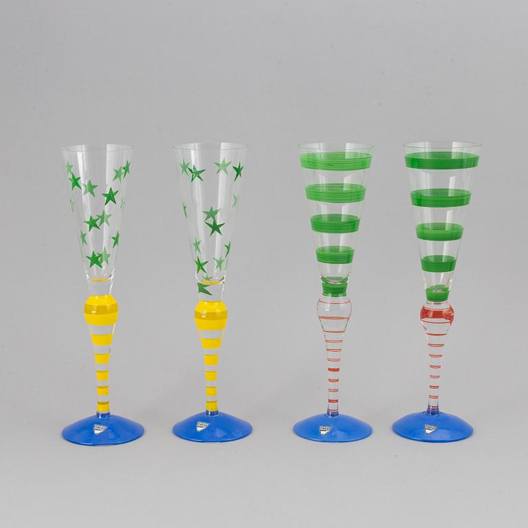 Anne Nilsson, ten hand painted 'Clown' champagne glasses, Orrefors.