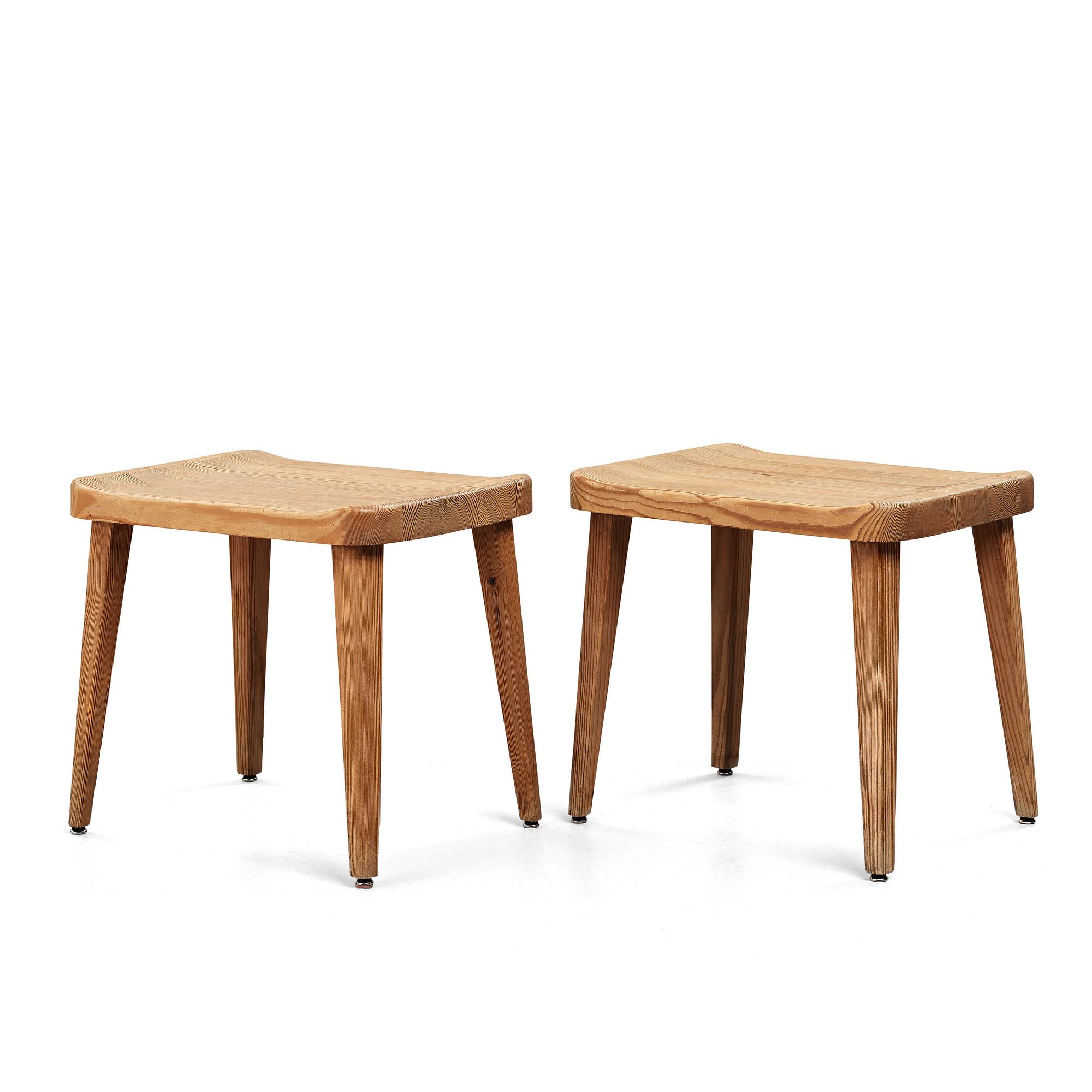 Axel Einar Hjorth, attributed to, a pair of stained pine stools, Nordiska Kompaniet, Sweden 1930's.
