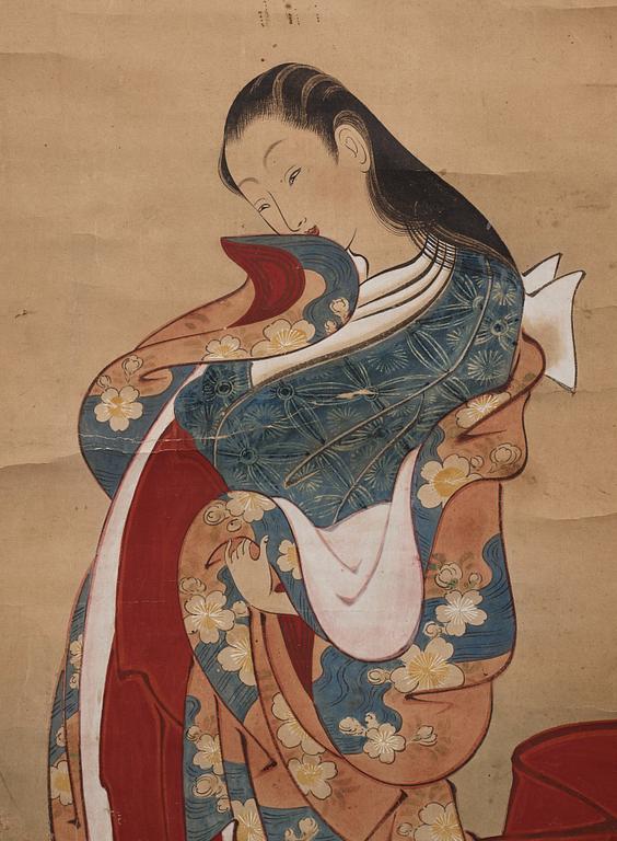 A Japanese hanging scroll, ink and color on paper, 19th Century. Unidentified artist, two later applied seals in red.