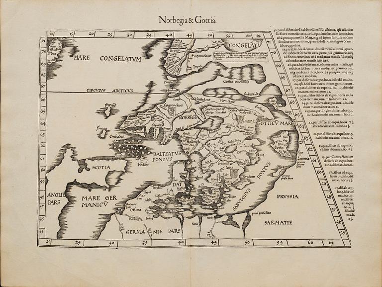 LORENZ FRIES, map, woodcut "Norbegia et Gottia" ca 1522-1541.