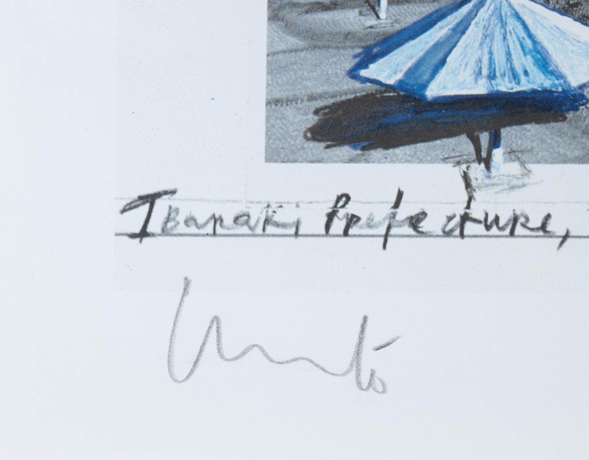 Christo & Jeanne-Claude, Offset in colours, with a collage of fabric, signed in pencil.