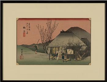 Ando Utagawa Hiroshige, after, two woodblock prints from the series 'The Fifty-three Stations of the Tōkaidō'.