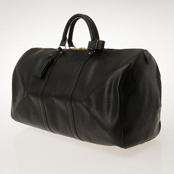 LOUIS VUITTON BLACK EPI LEATHER KEEPALL 50 TRAVEL BAG.