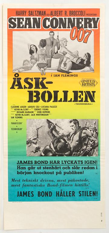 A Swedish movie poster James Bond "Åskbollen" (Thunderball) 1966, numbered 2106.