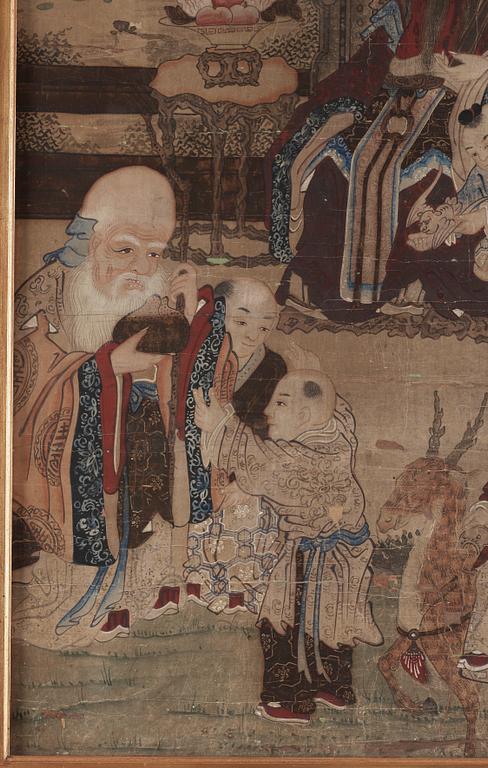 MÅLNING, figurscen med Shoulao, Qingdynastin, 1800-tal.
