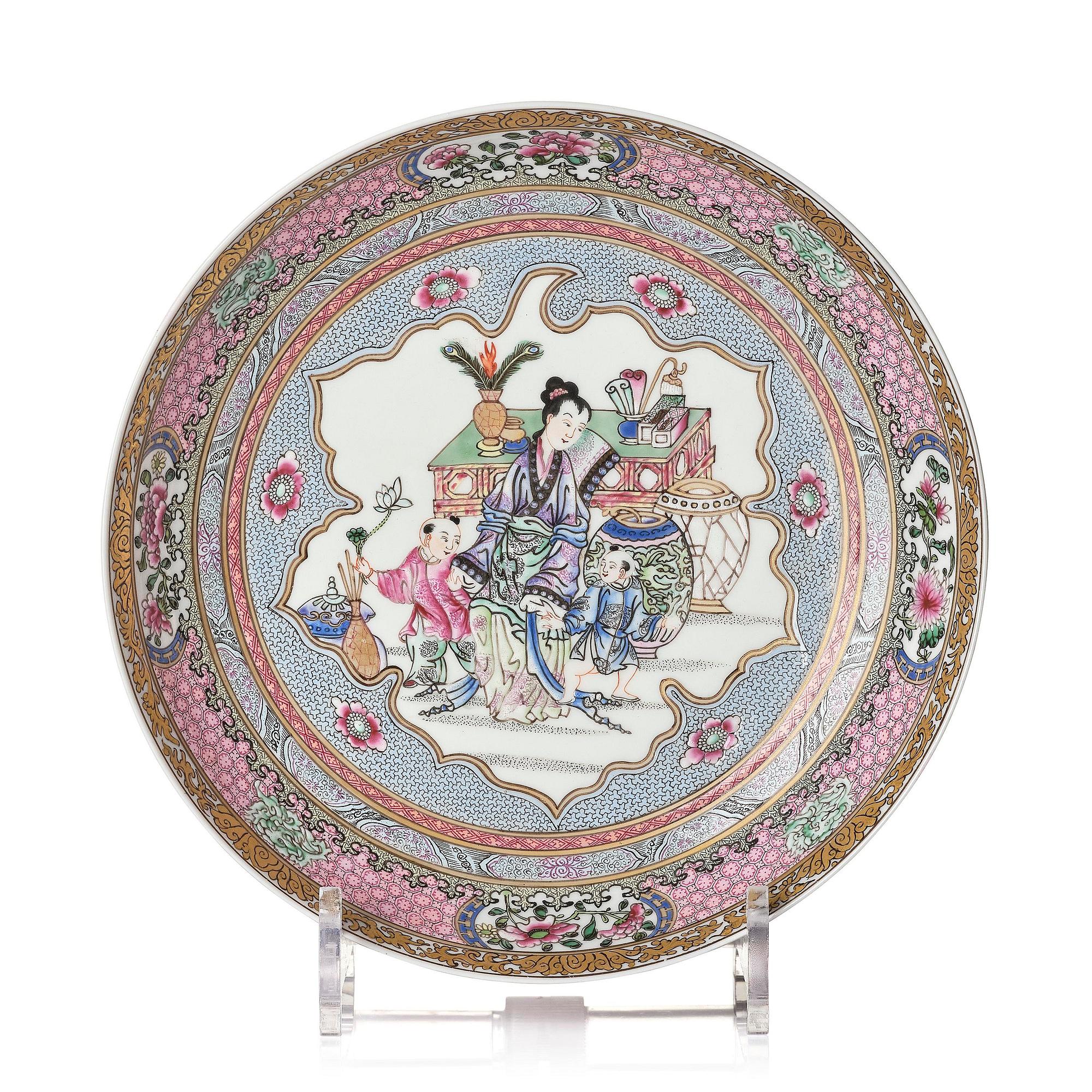 A Chinese famille rose 'ruby back' dish, 20th century.
