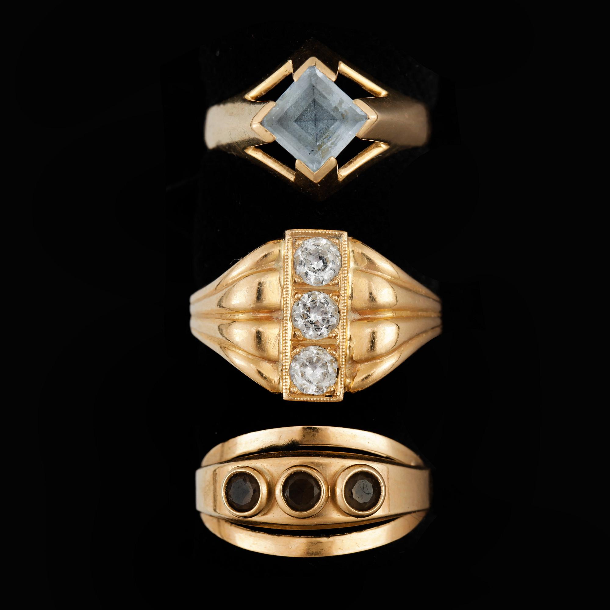 RINGAR, 3 st, 18k guld med diverse stenar. Vikt ca 8,5 gram.