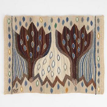 Ann-Mari Forsberg, a textile, 'Blå Crocus', a tapestry variant, c 41 x 33 cm, signed AMF.