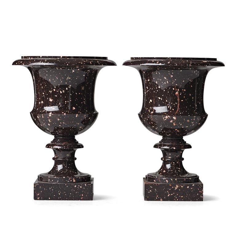 A pair if Swedish porphyry urns, early 19th century.