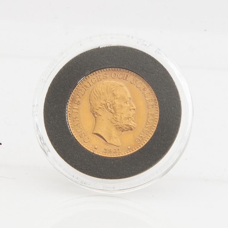 Gold coin Sweden, Oscar II 10 kr, 1901, mint error.