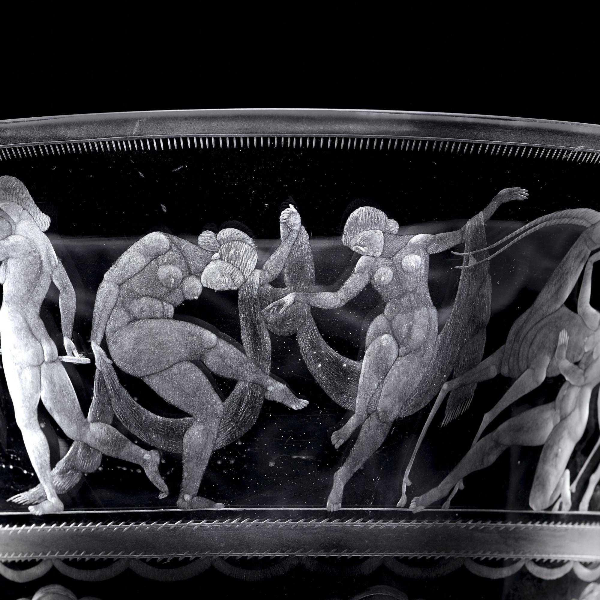 Simon Gate, an engraved glass bowl with plate, Orrefors, Sweden 1923, model 122.