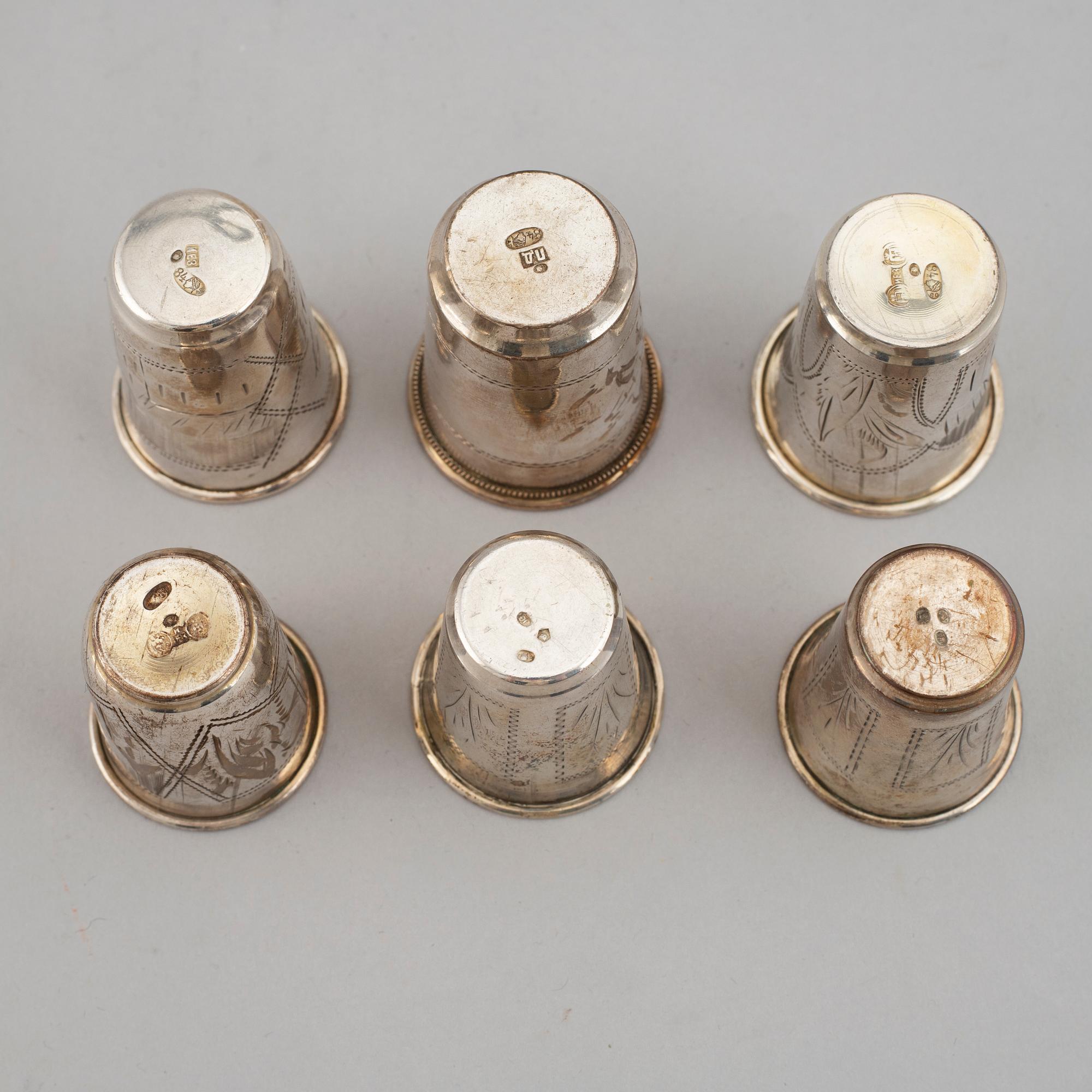A mixed lot of six beakers, silver, Moscow and Kiev, Russia early 20th century.