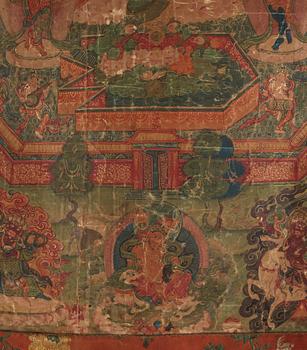 Thangka, grön Tara, tusch och färg på duk. Tibet, 1800-tal.