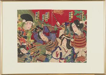Toyohara Kunichika, Diptych from the play "Gofudoki kabuki no hon yomi".