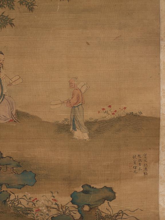 A Chinese scroll painting, ink and colour on silk laid on paper, Qing dynasty, probably 18th Century.