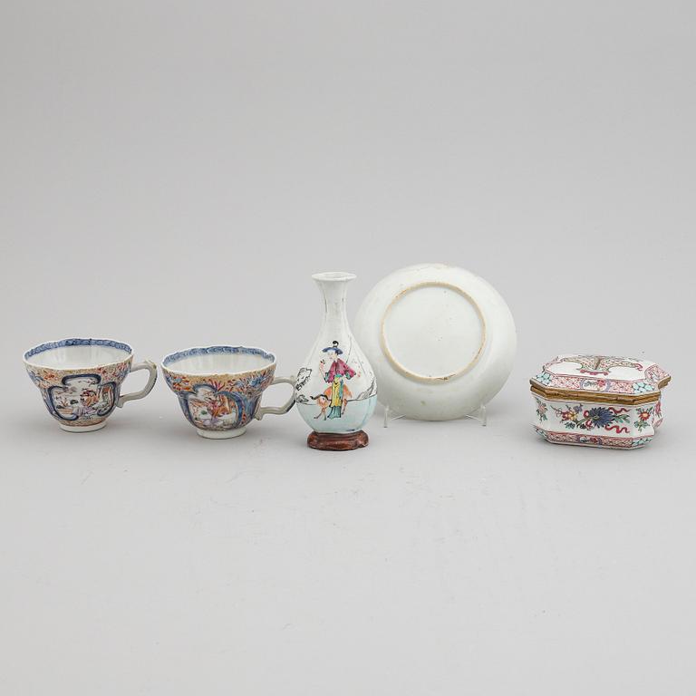 Two cups, a dish, a vase and a box, Qing dynasty, Qianlong and the box is Samson.