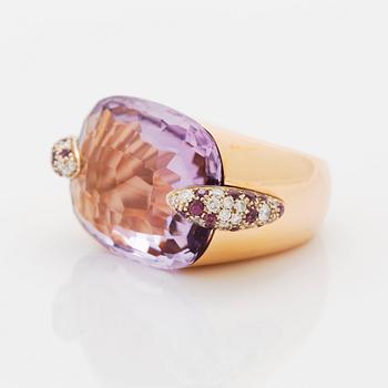 A Pomellato ring set with amethysts and round brilliant-cut diamonds.