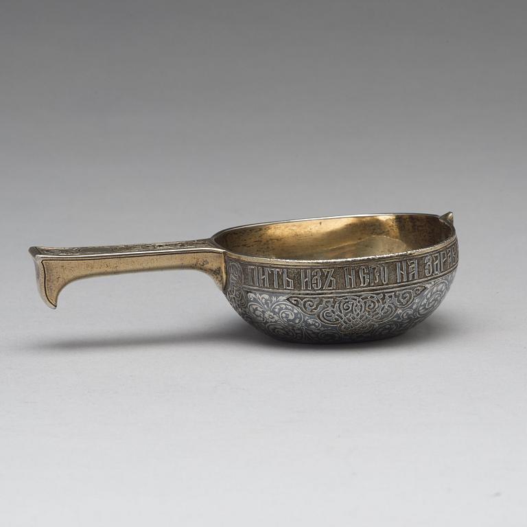 A Russian 19th century silver-gilt and niello kovsh, mark of Wasilij Semenow, possibly, Moscow 1872.