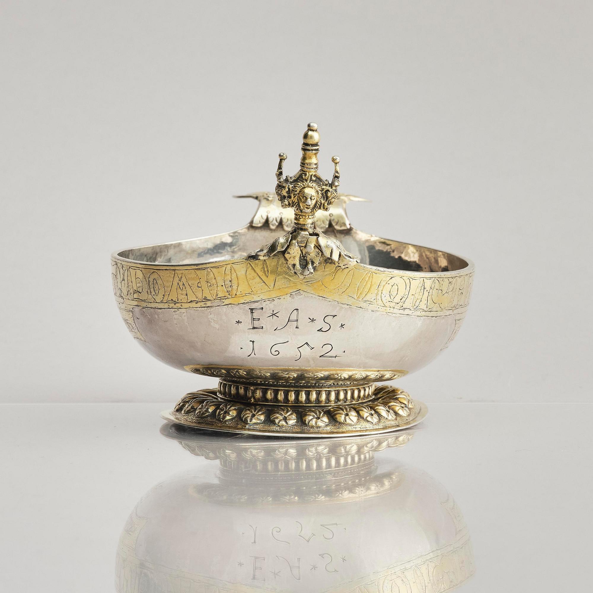 A parcel-gilt drinking bowl/kovsh, Nordic Renaissance, early 17th century possibly Uleåborg, Finland.