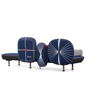 Nipa Doshi & Jonathan Levien, a "My Beautiful Backside" sofa, Moroso, Italy, post 2008. Dressed in anthracite grey and blue textiles. Loose armres...