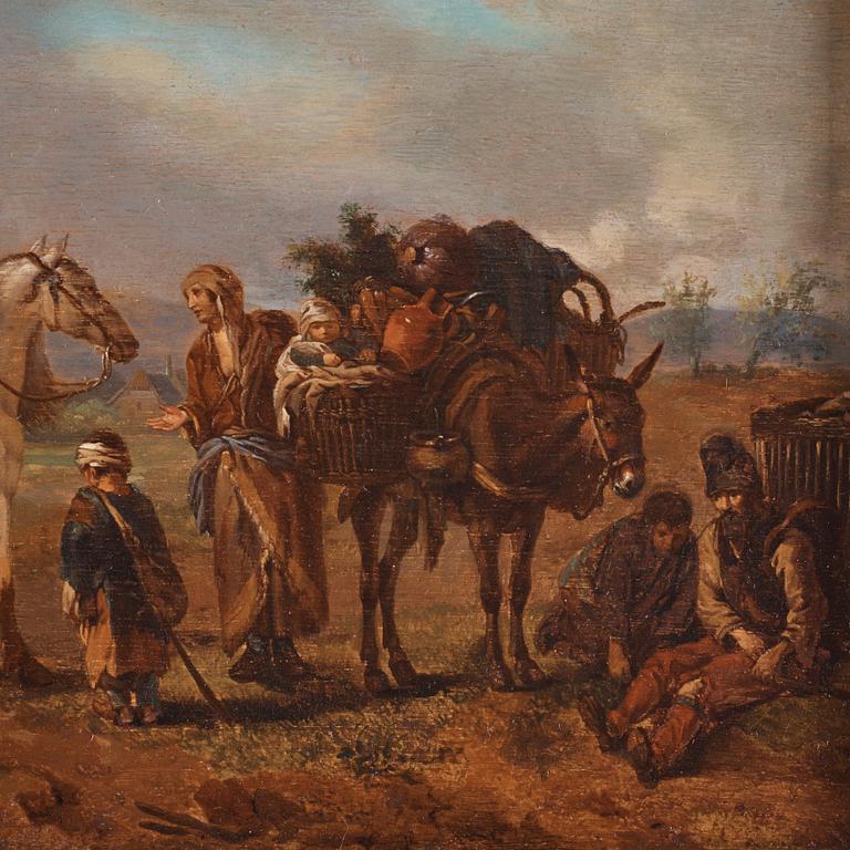 Philips Wouwerman Hans krets, Landskap med ryttare på vit häst, packåsna och figurer.