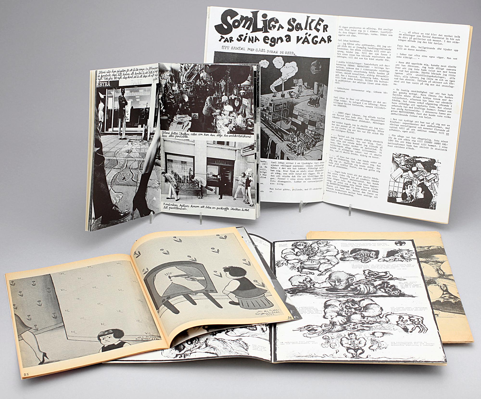 TIDNINGAR samt UTSTÄLLNINGSKATALOGER, 5 st, Carl Johan De Geer, Marie Louise Ekman, Lars Hillersberg samt Puss.
