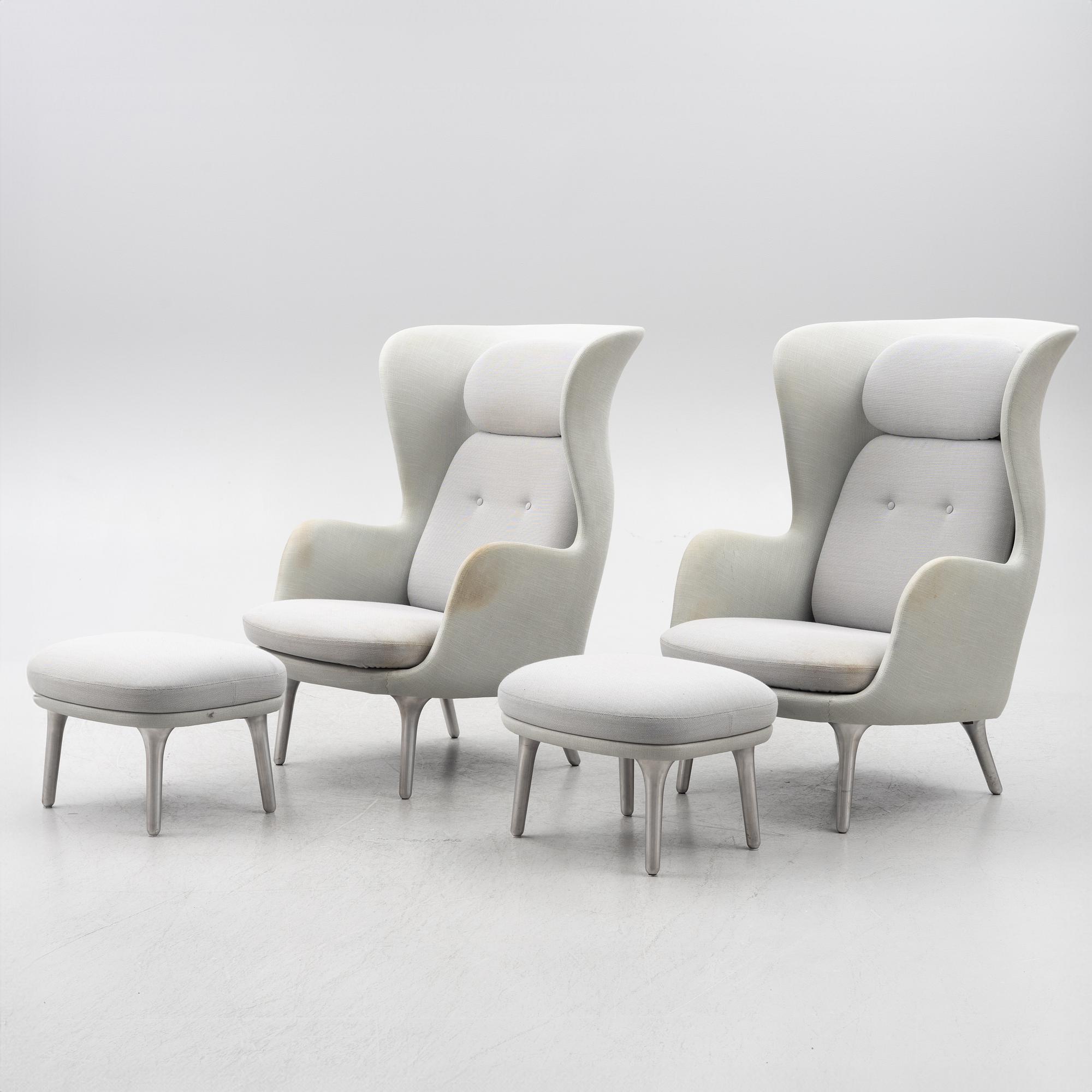 Jaime Hayon, a pair of 'Ro' lounge chairs with footstools, Fritz Hansen.