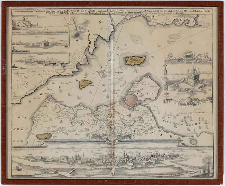 JOHANN BAPTIST HOMANN, kopparstick, karta över Köpenhamn, 1700-tal.