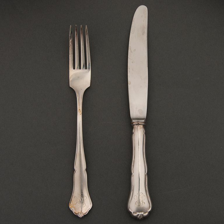 Chippendale silver cutlery, 12 forks and 12 knives by Kultakeskus, Hämeenlinna 1970-71.