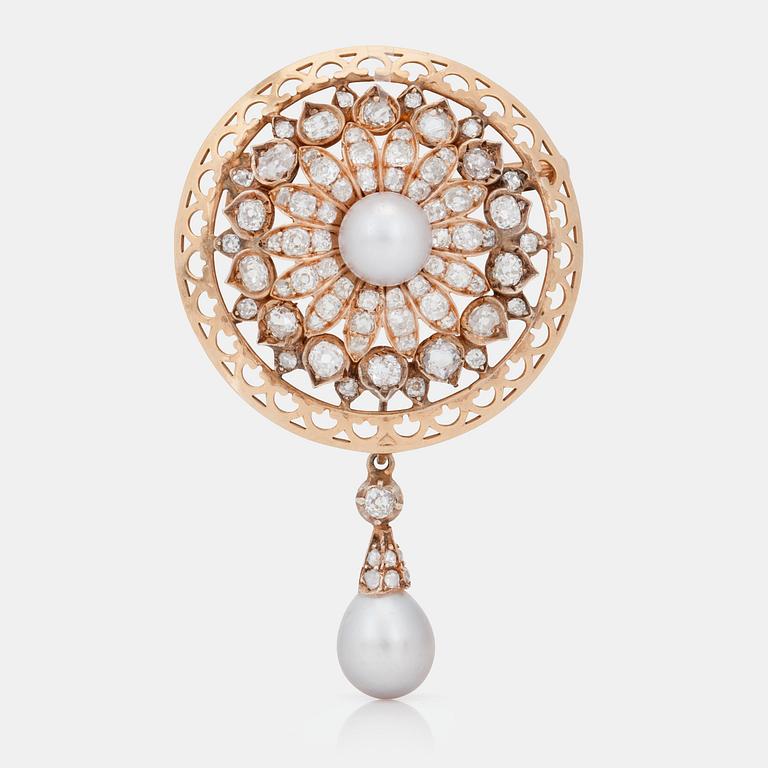 A natural saltwater pearl and old-and antique-cut diamond brooch.