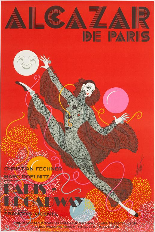 ERTÉ, litografisk affisch, "Alcazar de Paris", Ets St Martin Imp, Paris, Frankrike, omkring 1970.