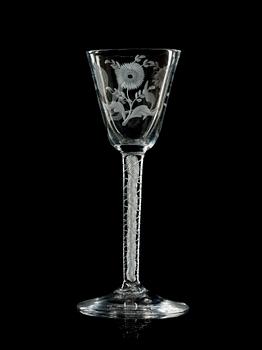 1363. A set of four engraved lattichino glasses, England, 18th Century.