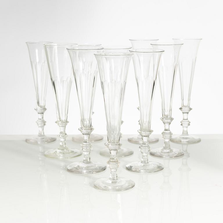 Champagne flutes, 9 + 1 similar, 19th century.