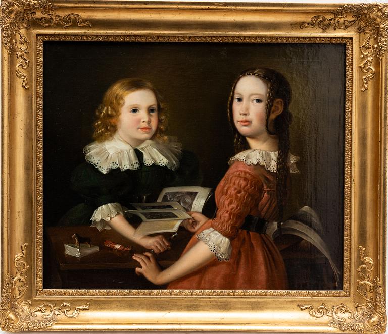 Erik Wahlbergson, attributed, Siblings with illustrated book.