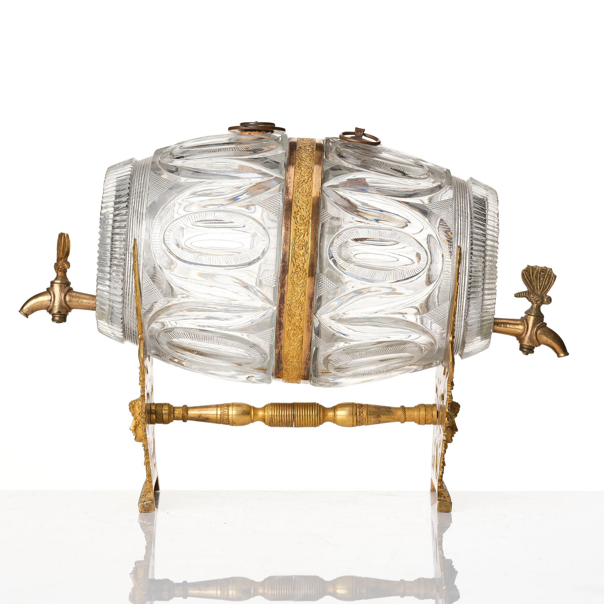 A Empire ormolu-mounted cut glass wine barrel.